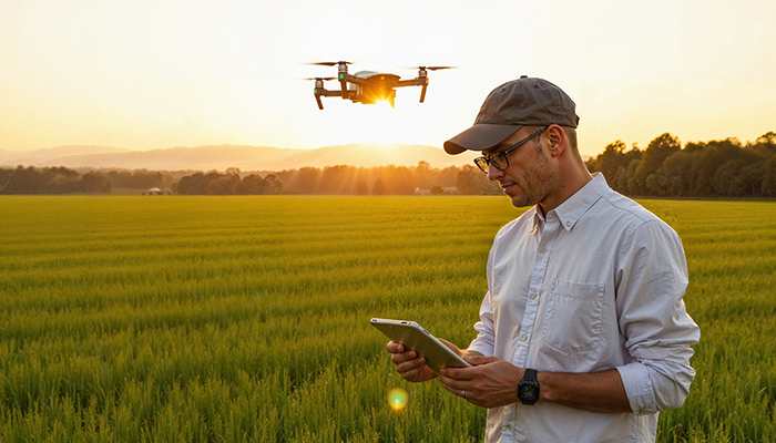 A man wearing glasses, a cap, and a white shirt operates a tablet while flying a drone over a green agricultural field during sunset.