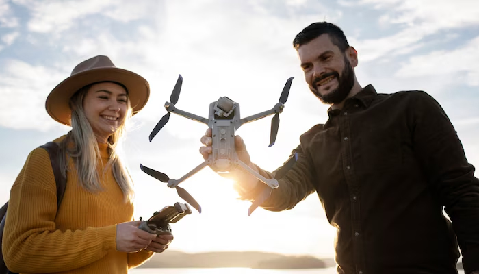 A smiling woman holding a drone controller and a man holding a quadcopter drone, both enjoying a sunny outdoor setting with a bright sky and soft clouds in the background.