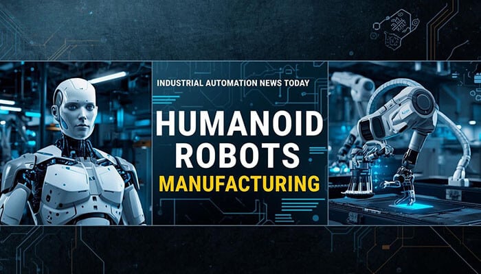 Humanoid Robots News: Innovations in Robotics AI Automation for 2026 - robodronetech - RoboDroneTech Humanoid Robots News showing humanoid robot and industrial automation manufacturing with AI-powered robotic arms in a modern factory.