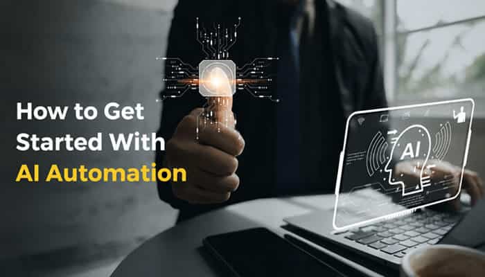 How to Get Started With AI Automation - Robo Drone Tech - RoboDroneTech business professional interacting with holographic AI interface above laptop, illustrating how droven io ai automation tools help companies get started with AI automation efficiently in 2026