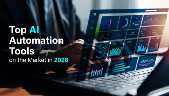 Top AI Automation Tools on the Market in 2026 - Robo Drone Tech - RoboDroneTech person using laptop with digital dashboards and charts displaying AI workflows, representing droven io ai automation tools and top automation tools on the market in 2026