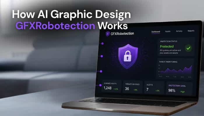 How AI Graphic Design GFXRobotection Works - Robo Drone Tech - RoboDroneTech AI Graphic Design GFXRobotection dashboard displayed on a laptop showing real-time threat monitoring, digital asset protection, copyright verification, AI-powered watermarking, metadata authentication, intellectual property security, and automated creative content protection systems for modern graphic design workflows.