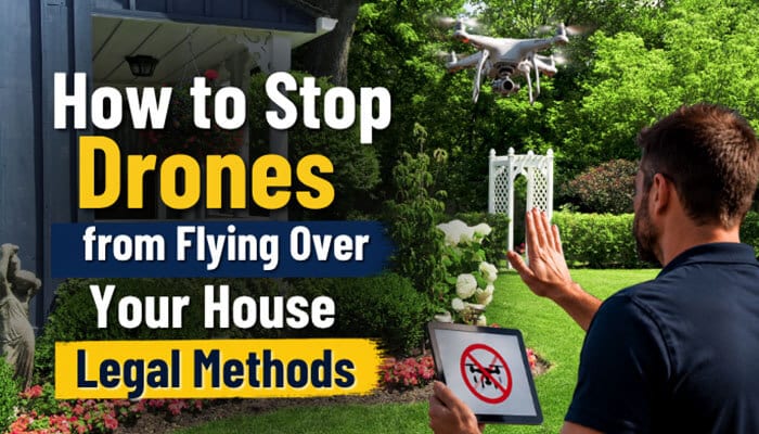 How to Stop Drones from Flying Over Your House Legal Methods - Robo Drone Tech - RoboDroneTech A realistic residential backyard scene showing a drone hovering near a private home while a homeowner raises a hand in warning and uses a tablet displaying a no-drone symbol, representing legal awareness, privacy protection, and modern UAV intrusion concerns related to How to Stop Drones from Flying Over Your House through safe, lawful control methods and airspace monitoring.