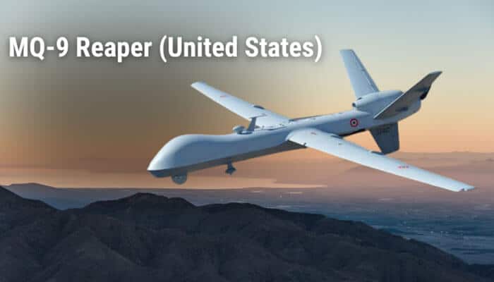 MQ-9 Reaper United States - Robo Drone Tech - RoboDroneTech How Far Can a Military Drone Fly showing an MQ-9 Reaper (United States) medium-altitude long-endurance UAV flying over mountainous terrain at dusk, representing advanced satellite-linked reconnaissance and strike operations with extended operational range and endurance capabilities used in modern U.S. military missions.