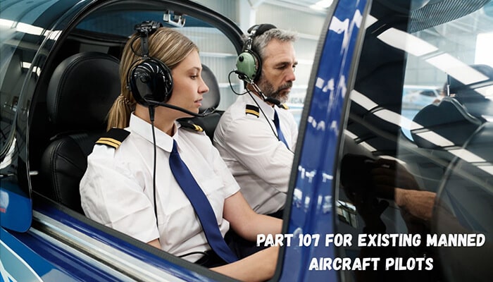 Part 107 for Existing Manned Aircraft Pilots - Robo Dronetech - RoboDroneTech Professional cockpit scene showing two pilots in an aircraft cockpit wearing headsets, illustrating aviation experience relevant to the Part 107 Drone License pathway for certified remote and commercial drone operators.