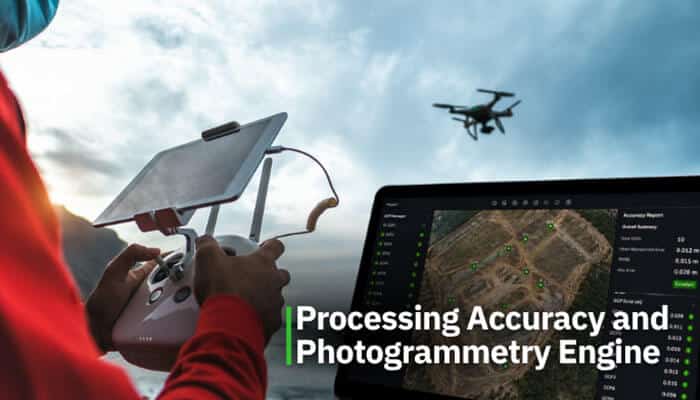 Processing Accuracy and Photogrammetry Engine - Robo Drone Tech - RoboDroneTech Drone operator controlling a UAV with a remote controller while monitoring real-time photogrammetry accuracy on a tablet dashboard, illustrating how the Best Drone Mapping Software integrates flight data, ground control validation, and processing engines to ensure high-precision mapping, error reduction, and survey-grade geospatial outputs in professional drone operations.