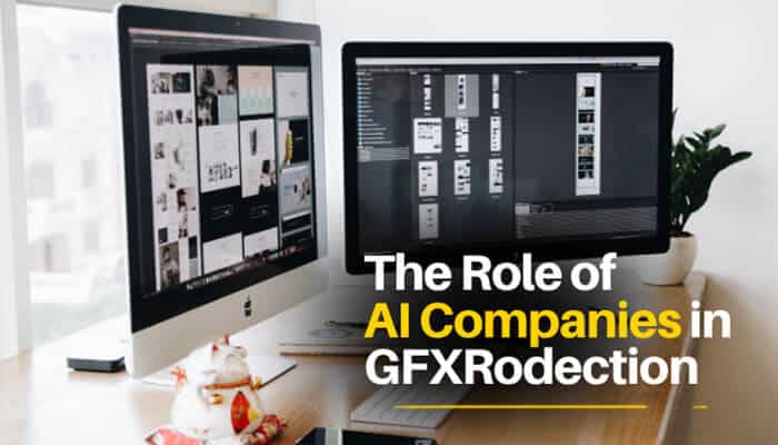 The Role of AI Companies in GFXRobotection - Robo Drone Tech - RoboDroneTech AI Graphic Design GFXRobotection workspace showing professional design interfaces on dual monitors, representing the role of AI companies in copyright protection, digital watermarking, content authentication, intellectual property management, AI governance, metadata tracking, and secure graphic design asset protection across modern creative ecosystems.