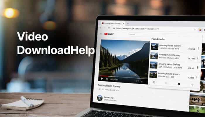 Video DownloadHelper - Robo Drone Tech - RoboDroneTech Best YouTube to MP4 Converters illustration featuring Video DownloadHelper browser extension on a laptop, showing detected media streams and downloadable video formats, highlighting how users can convert and save YouTube videos into MP4 files efficiently across multiple resolutions.
