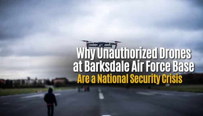 Why Unauthorized Drones at Barksdale Air Force Base Are a National Security Crisis - Robo Drone Tech - RoboDroneTech Unauthorized Drones Barksdale Air Force showing a drone hovering over an active military runway with personnel in the foreground, symbolizing escalating airspace violations and national security risks linked to Unauthorized Drones Barksdale Air Force incidents and the increasing need for advanced drone detection and defense systems at strategic U.S. installations.