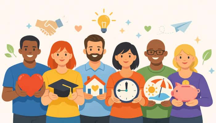Benefits and Employee Belonging - Robo Dronetech - RoboDroneTech Employee Benefits illustration showing a diverse group of employees holding symbols like education, healthcare, time, housing, and financial security, representing comprehensive employee benefits packages that support wellbeing, work-life balance, and long-term career growth.