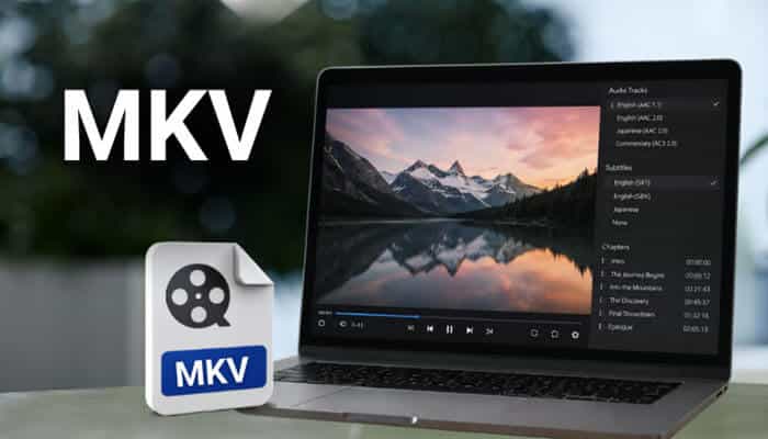 MKV - Robo Drone Tech - RoboDroneTech YouTube to MP4 vs MP3 vs WebM guide showing MKV video format on a laptop with audio tracks, subtitles, chapters, and high-quality playback features, explaining how MKV differs from MP4, MP3, and WebM for advanced video storage.