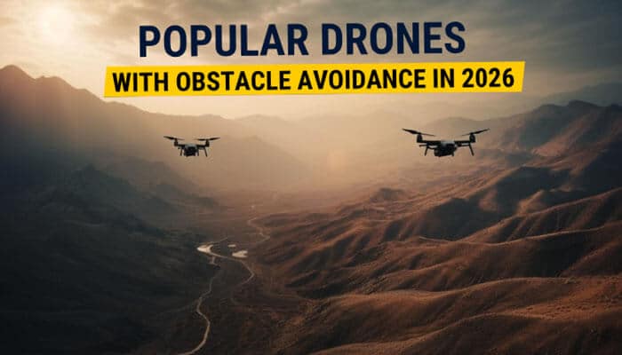 Popular Drones With Obstacle Avoidance in 2026 - Robo Drone Tech - RoboDroneTech Drones With Obstacle Avoidance flying over mountainous landscapes in 2026, featuring advanced AI navigation, collision detection sensors, and smart flight safety technology.