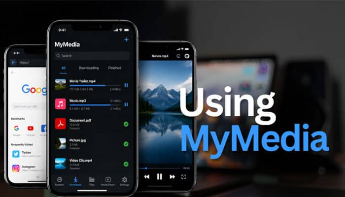 Using MyMedia - Robo Drone Tech - RoboDroneTech How to Convert YouTube to MP4 on iPhone and Android demonstrated through the MyMedia download manager interface on smartphones, showing file downloading, media organization, and MP4 video playback features that illustrate how users manage and convert online videos into offline MP4 formats on both iOS and Android devices.