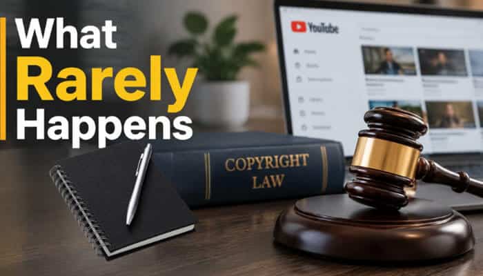 What Rarely Happens - Robo Drone Tech - RoboDroneTech Is It Legal to Download YouTube Videos as MP4 – conceptual legal workspace showing a YouTube screen in the background with copyright law book, judge’s gavel, and notebook on a desk, illustrating how rarely enforcement actions occur and highlighting the legal uncertainty, copyright regulations, and digital media compliance issues surrounding MP4 downloads from YouTube.