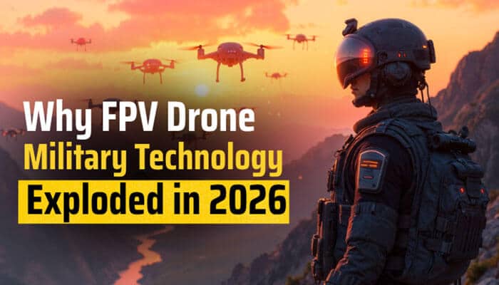 Why FPV Drone Military Technology Exploded in 2026 - Robo Drone Tech - RoboDroneTech FPV Drone Military technology deployment showing a soldier equipped with advanced tactical gear observing multiple unmanned aerial vehicles during a modern battlefield operation in 2026.