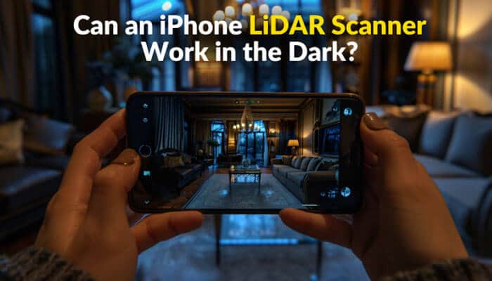 Can an iPhone LiDAR Scanner Work in the Dark - Robo Drone Tech - RoboDroneTech LiDAR Sensor iPhone scanning a dark interior room using depth-sensing technology for low-light spatial detection, faster autofocus, and augmented reality applications.