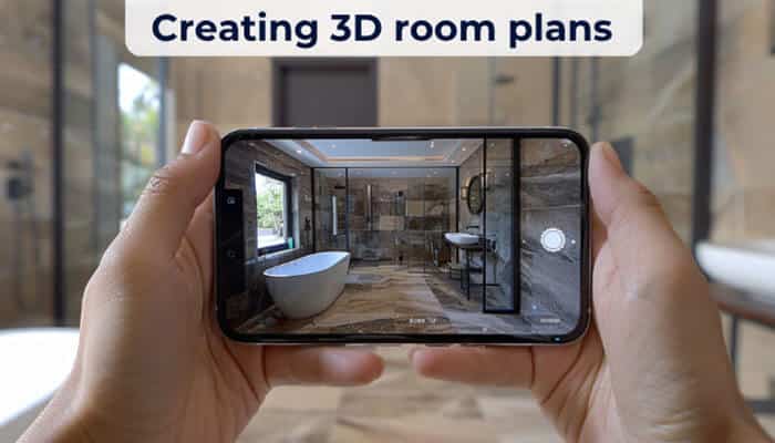 Creating 3D room plans - Robo Drone Tech - RoboDroneTech LiDAR Sensor iPhone scanning a bathroom to create a 3D room plan with spatial measurements, depth mapping, walls, fixtures, and interior layout detection.