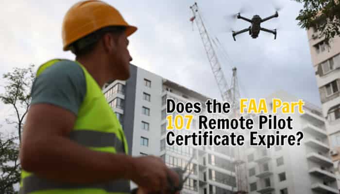Does the FAA Part 107 Remote Pilot Certificate Expire - Robo Drone Tech - RoboDroneTech FAA Part 107 Remote Pilot Certificate holder operating a drone at a construction site, illustrating certificate validity and recurrent training requirements.